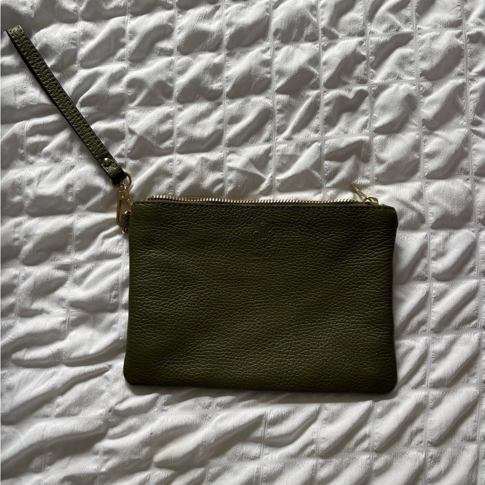 Olive Green Leather Wristlet Clutch